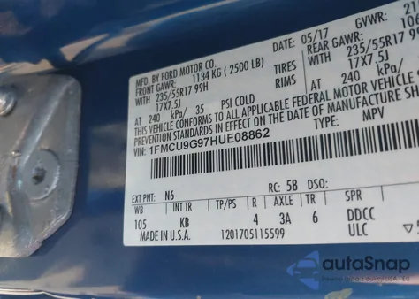 2017 Ford Escape Se из США, поврежденный, VIN 1FMCU9G97HUE08862